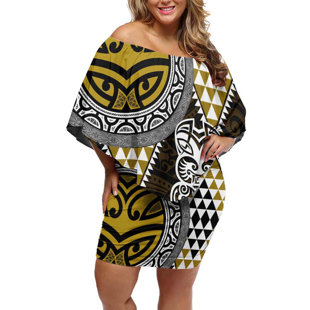 Yellow Aotearoa Niho Taniwha Off Shoulder Short Dress Maori Mythology Tooth - Taniko Motifs LT14 Women Yellow - Polynesian Pride
