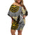 Yellow Aotearoa Niho Taniwha Off Shoulder Short Dress Maori Mythology Tooth - Taniko Motifs