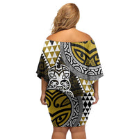 Yellow Aotearoa Niho Taniwha Off Shoulder Short Dress Maori Mythology Tooth - Taniko Motifs LT14 - Polynesian Pride