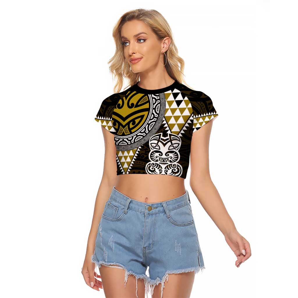 Yellow Aotearoa Niho Taniwha Raglan Cropped T Shirt Maori Mythology Tooth - Taniko Motifs LT14 Female Yellow - Polynesian Pride