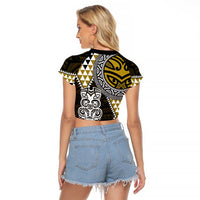 Yellow Aotearoa Niho Taniwha Raglan Cropped T Shirt Maori Mythology Tooth - Taniko Motifs LT14 - Polynesian Pride