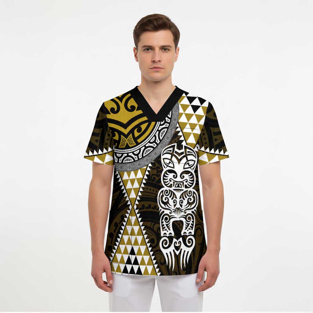 Yellow Aotearoa Niho Taniwha Scrub Top Maori Mythology Tooth - Taniko Motifs LT14 - Polynesian Pride