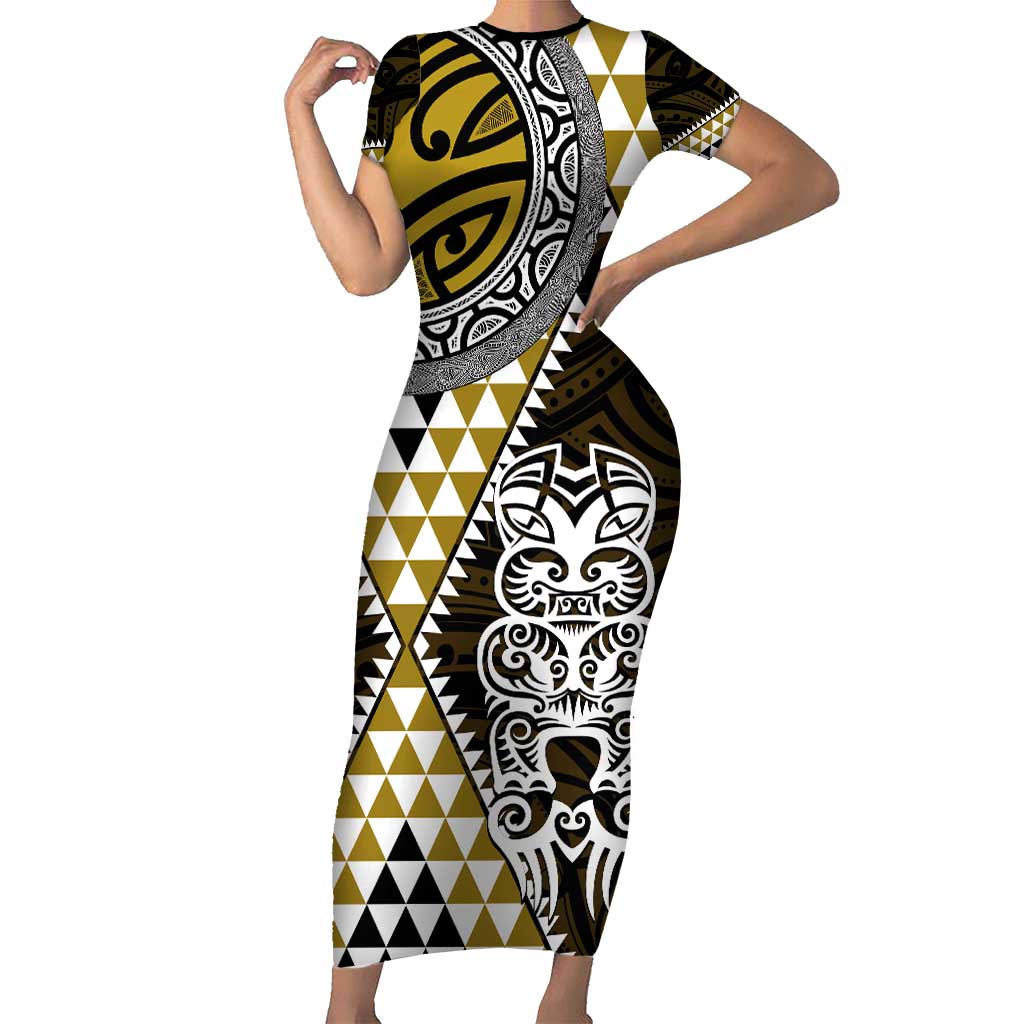 Yellow Aotearoa Niho Taniwha Short Sleeve Bodycon Dress Maori Mythology Tooth - Taniko Motifs