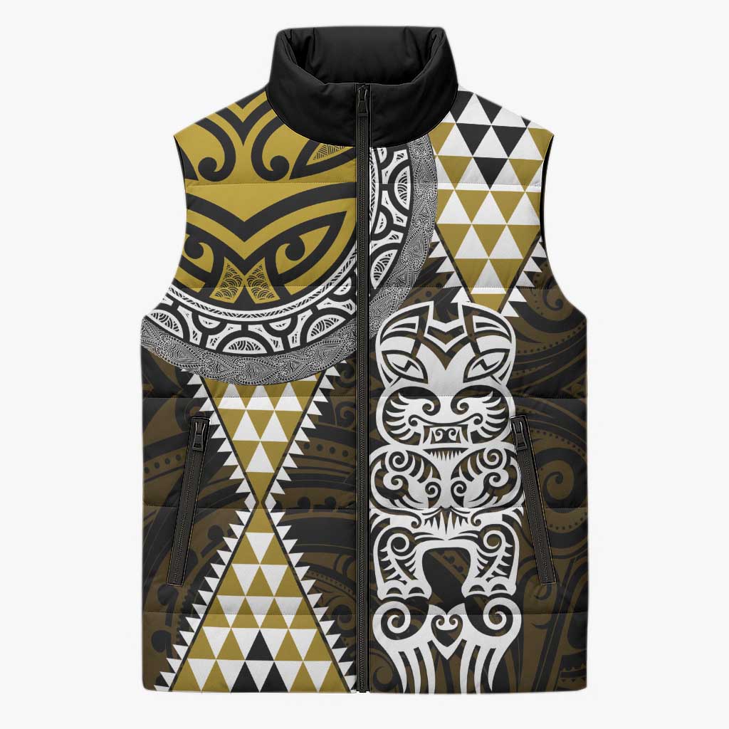 Yellow Aotearoa Niho Taniwha Sleeveless Puffer Jacket Maori Mythology Tooth - Taniko Motifs - Polynesian Pride