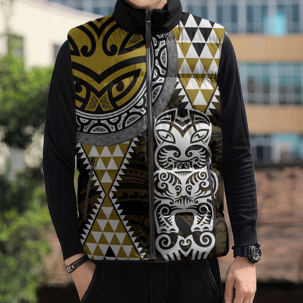 Yellow Aotearoa Niho Taniwha Sleeveless Puffer Jacket Maori Mythology Tooth - Taniko Motifs - Polynesian Pride