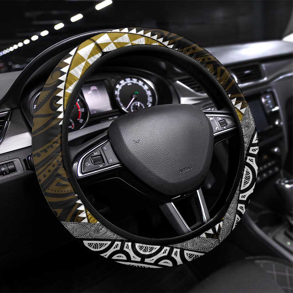 Yellow Aotearoa Niho Taniwha Steering Wheel Cover Maori Mythology Tooth - Taniko Motifs LT14 Universal Fit Yellow - Polynesian Pride
