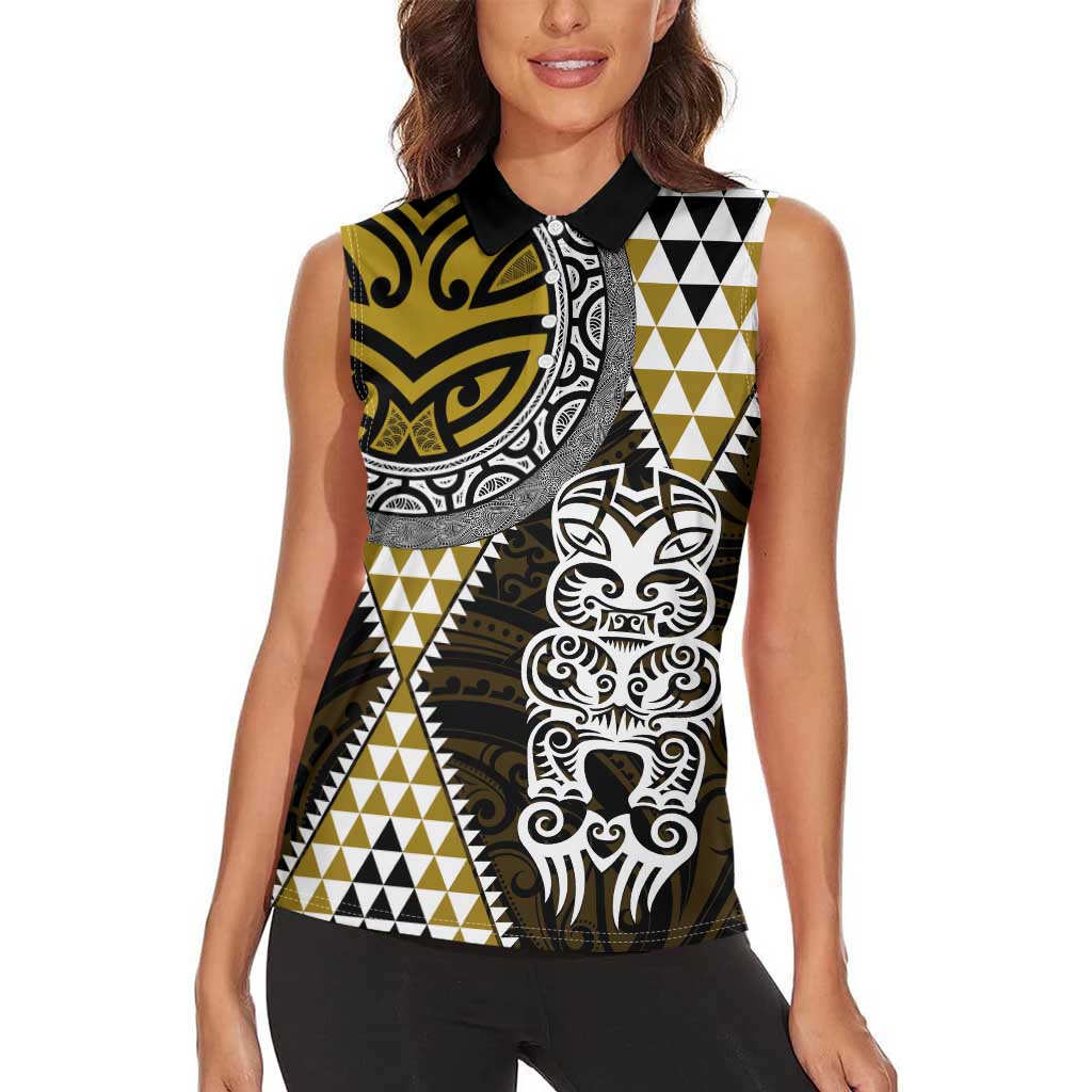 Yellow Aotearoa Niho Taniwha Women Sleeveless Polo Shirt Maori Mythology Tooth - Taniko Motifs