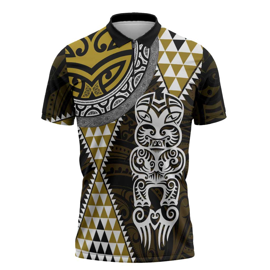Yellow Aotearoa Niho Taniwha Zipper Polo Shirt Maori Mythology Tooth - Taniko Motifs - Polynesian Pride