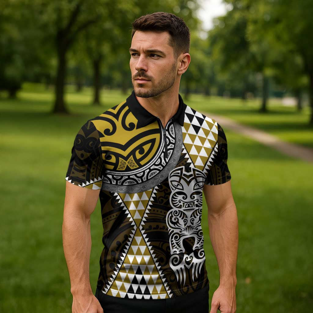Yellow Aotearoa Niho Taniwha Zipper Polo Shirt Maori Mythology Tooth - Taniko Motifs - Polynesian Pride