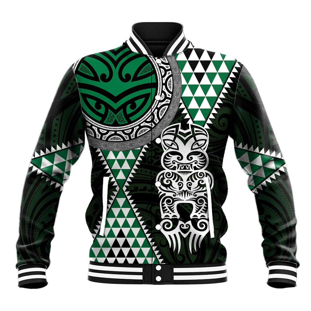 Green Aotearoa Niho Taniwha Baseball Jacket Maori Mythology Tooth - Taniko Motifs LT14 Unisex Green - Polynesian Pride