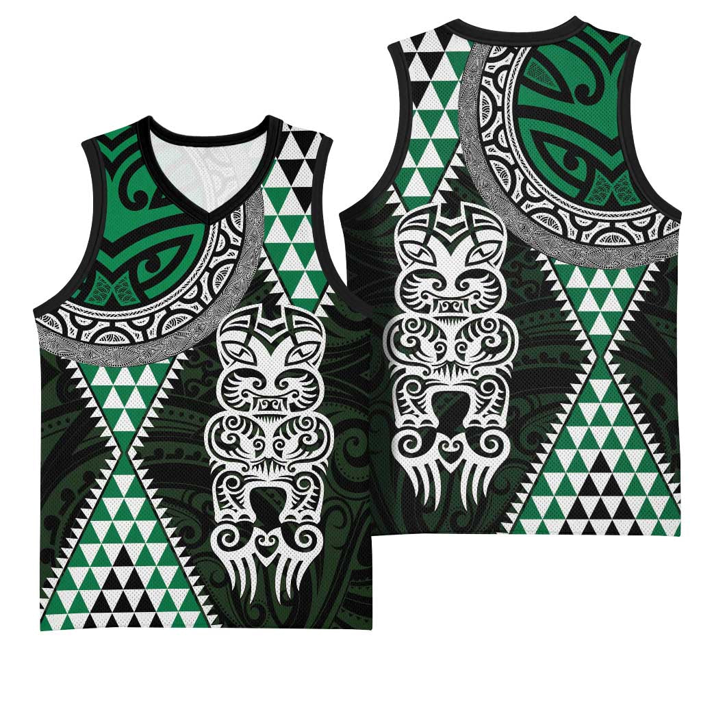 Green Aotearoa Niho Taniwha Basketball Jersey Maori Mythology Tooth - Taniko Motifs - Polynesian Pride