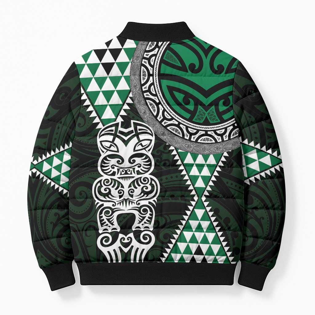 Green Aotearoa Niho Taniwha Bomber Puffer Jacket Maori Mythology Tooth - Taniko Motifs - Polynesian Pride