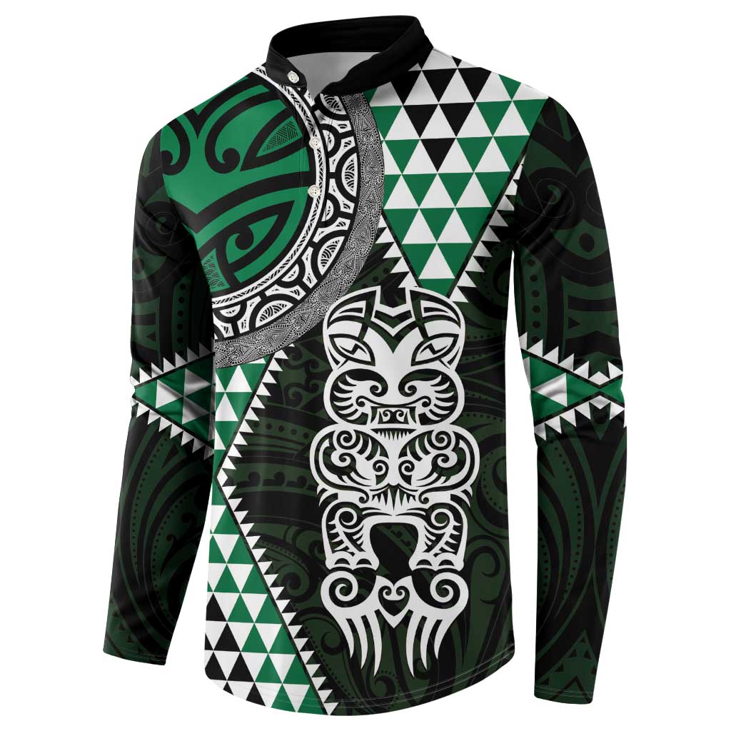 Green Aotearoa Niho Taniwha Button Sweatshirt Maori Mythology Tooth - Taniko Motifs LT14 - Polynesian Pride