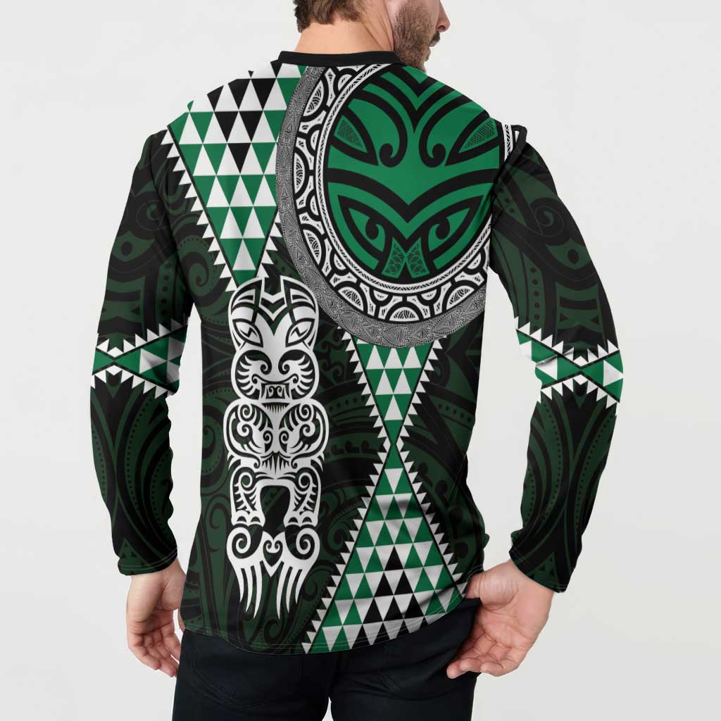 Green Aotearoa Niho Taniwha Button Sweatshirt Maori Mythology Tooth - Taniko Motifs LT14 - Polynesian Pride