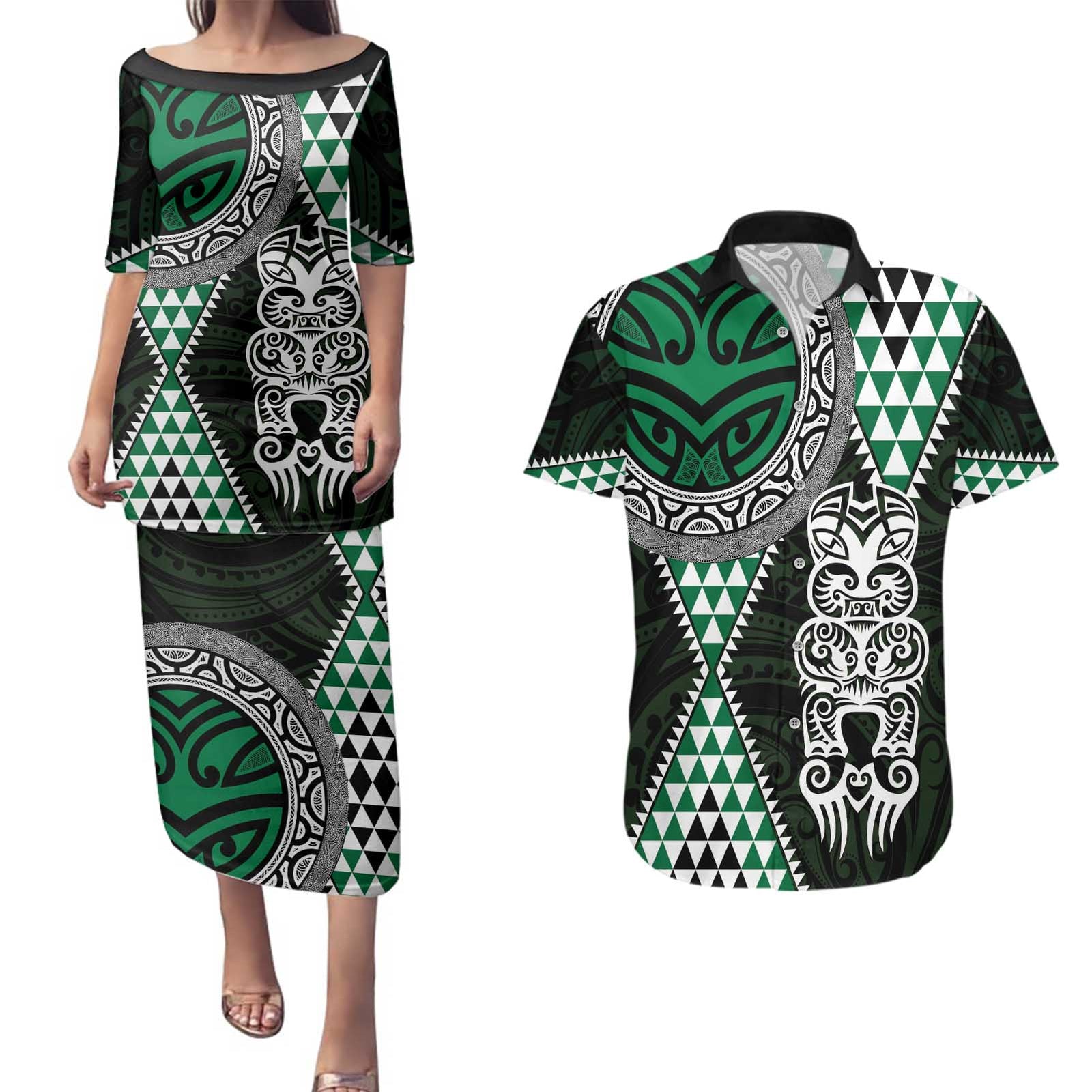 Green Aotearoa Niho Taniwha Couples Matching Puletasi and Hawaiian Shirt Maori Mythology Tooth - Taniko Motifs LT14 Green - Polynesian Pride