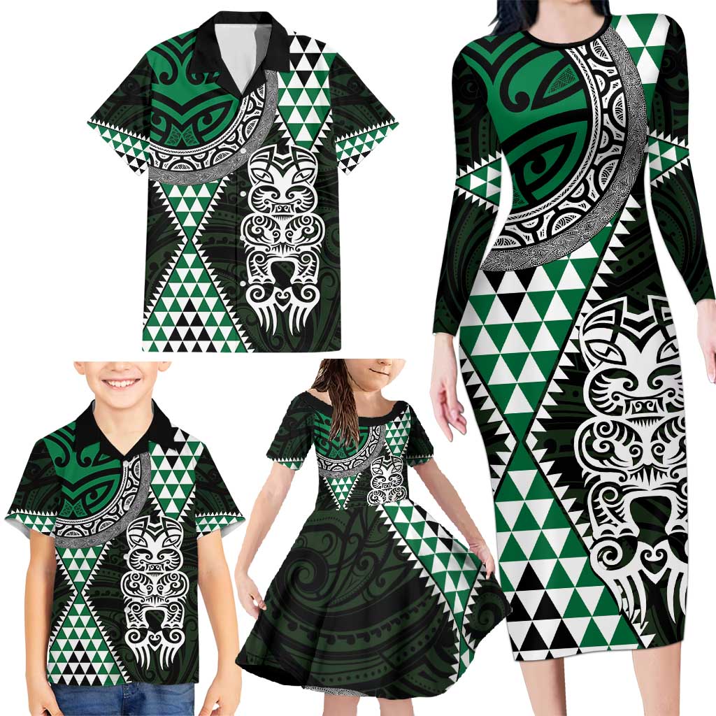 Green Aotearoa Niho Taniwha Family Matching Long Sleeve Bodycon Dress and Hawaiian Shirt Maori Mythology Tooth - Taniko Motifs