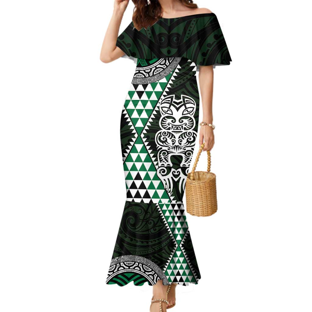 Green Aotearoa Niho Taniwha Family Matching Mermaid Dress and Hawaiian Shirt Maori Mythology Tooth - Taniko Motifs