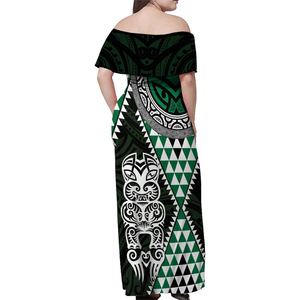 Green Aotearoa Niho Taniwha Family Matching Off Shoulder Maxi Dress and Hawaiian Shirt Maori Mythology Tooth - Taniko Motifs