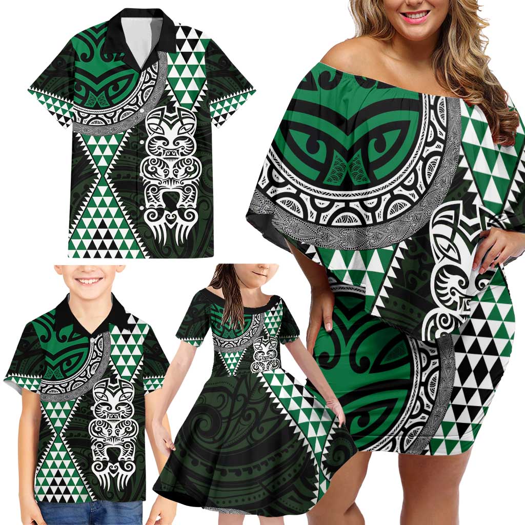 Green Aotearoa Niho Taniwha Family Matching Off Shoulder Short Dress and Hawaiian Shirt Maori Mythology Tooth - Taniko Motifs