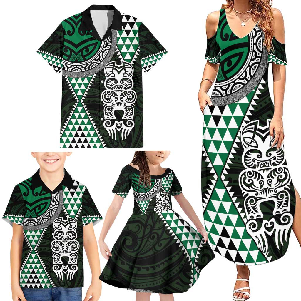 Green Aotearoa Niho Taniwha Family Matching Summer Maxi Dress and Hawaiian Shirt Maori Mythology Tooth - Taniko Motifs