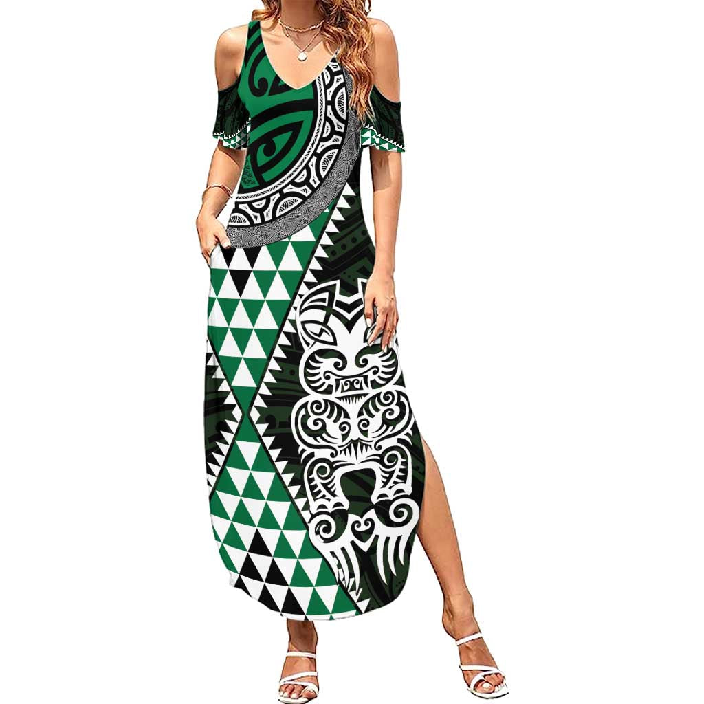 Green Aotearoa Niho Taniwha Family Matching Summer Maxi Dress and Hawaiian Shirt Maori Mythology Tooth - Taniko Motifs