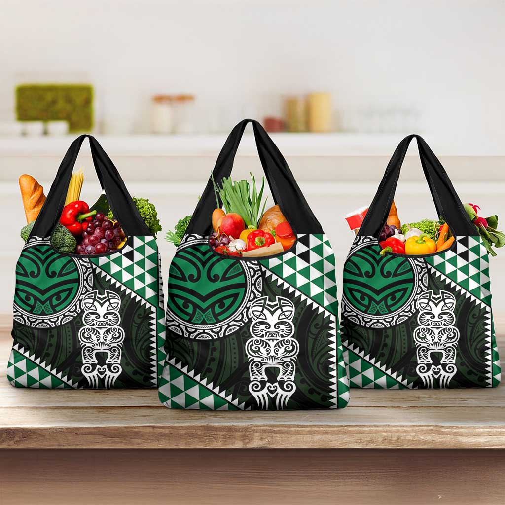Green Aotearoa Niho Taniwha Grocery Bag Maori Mythology Tooth - Taniko Motifs LT14 3-pack One Size Green - Polynesian Pride