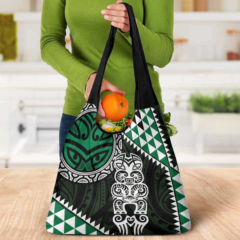 Green Aotearoa Niho Taniwha Grocery Bag Maori Mythology Tooth - Taniko Motifs LT14 - Polynesian Pride