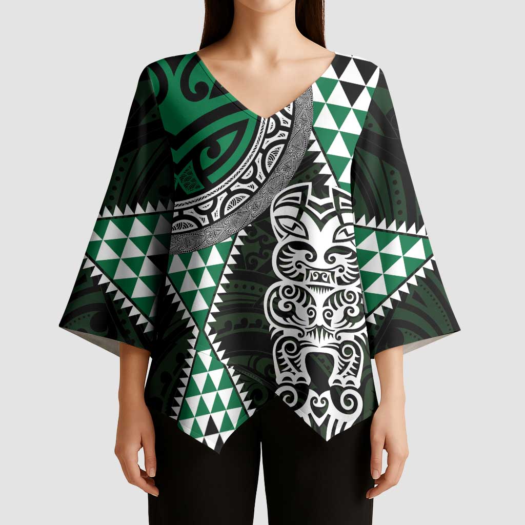 Green Aotearoa Niho Taniwha Kimono Sleeve Blouse Maori Mythology Tooth - Taniko Motifs - Polynesian Pride