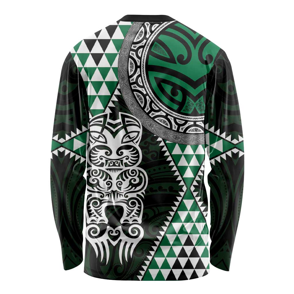 Green Aotearoa Niho Taniwha Long Sleeve Shirt Maori Mythology Tooth - Taniko Motifs LT14 - Polynesian Pride