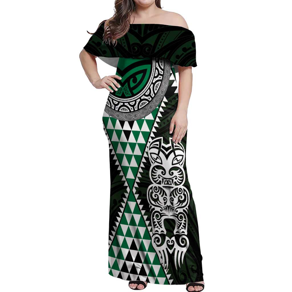 Green Aotearoa Niho Taniwha Off Shoulder Maxi Dress Maori Mythology Tooth - Taniko Motifs LT14 Women Green - Polynesian Pride