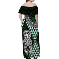 Green Aotearoa Niho Taniwha Off Shoulder Maxi Dress Maori Mythology Tooth - Taniko Motifs LT14 - Polynesian Pride