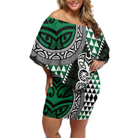 Green Aotearoa Niho Taniwha Off Shoulder Short Dress Maori Mythology Tooth - Taniko Motifs LT14 Women Green - Polynesian Pride