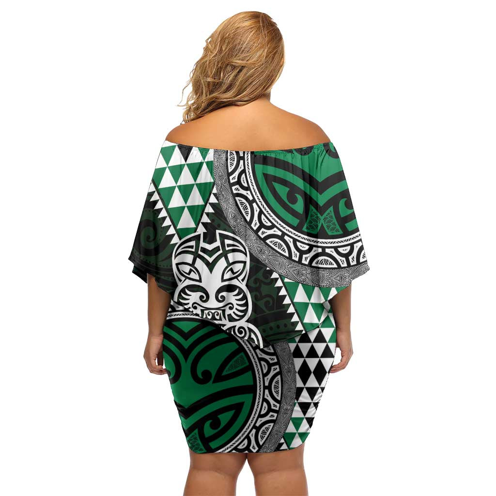Green Aotearoa Niho Taniwha Off Shoulder Short Dress Maori Mythology Tooth - Taniko Motifs LT14 - Polynesian Pride