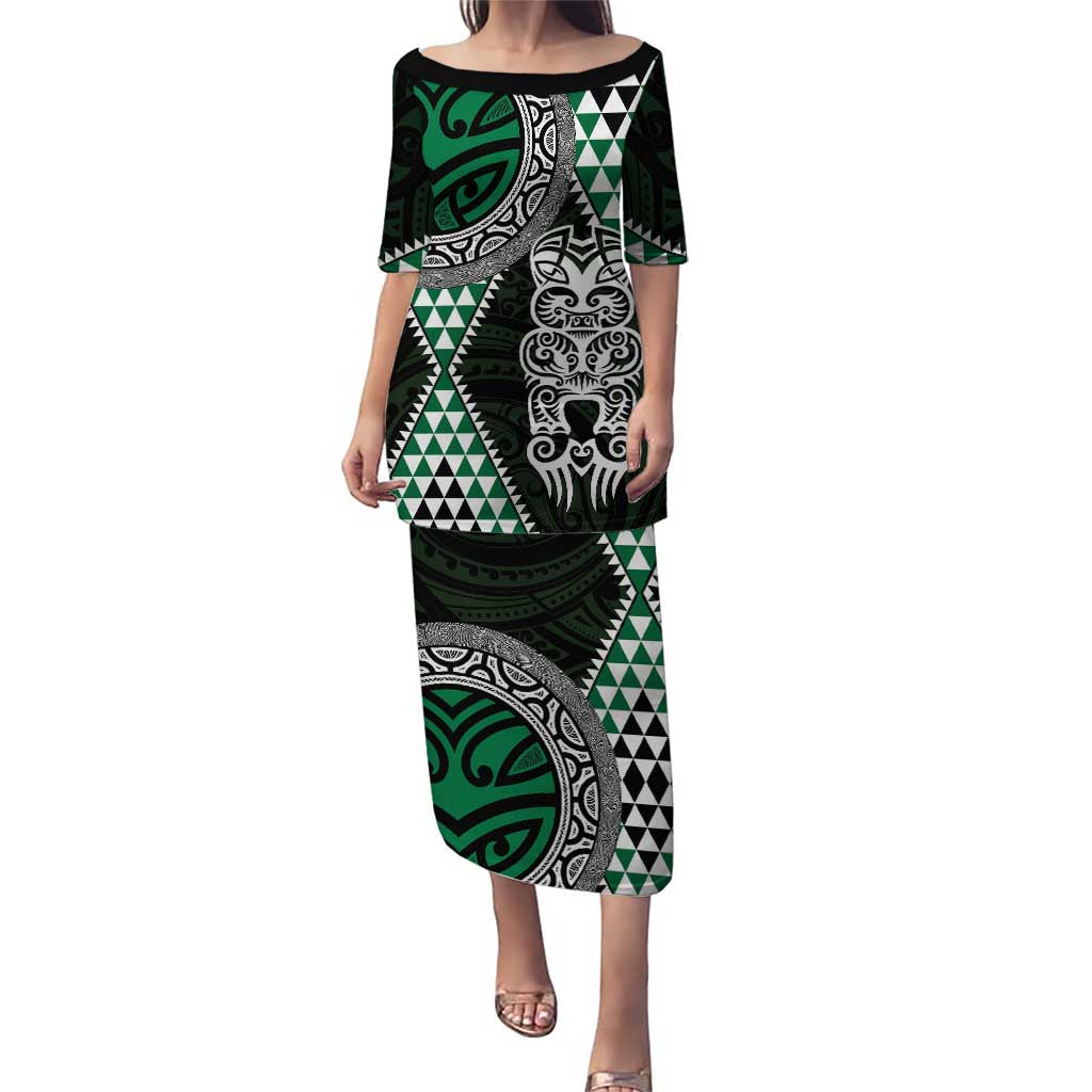 Green Aotearoa Niho Taniwha Puletasi Maori Mythology Tooth - Taniko Motifs LT14 Long Dress Green - Polynesian Pride