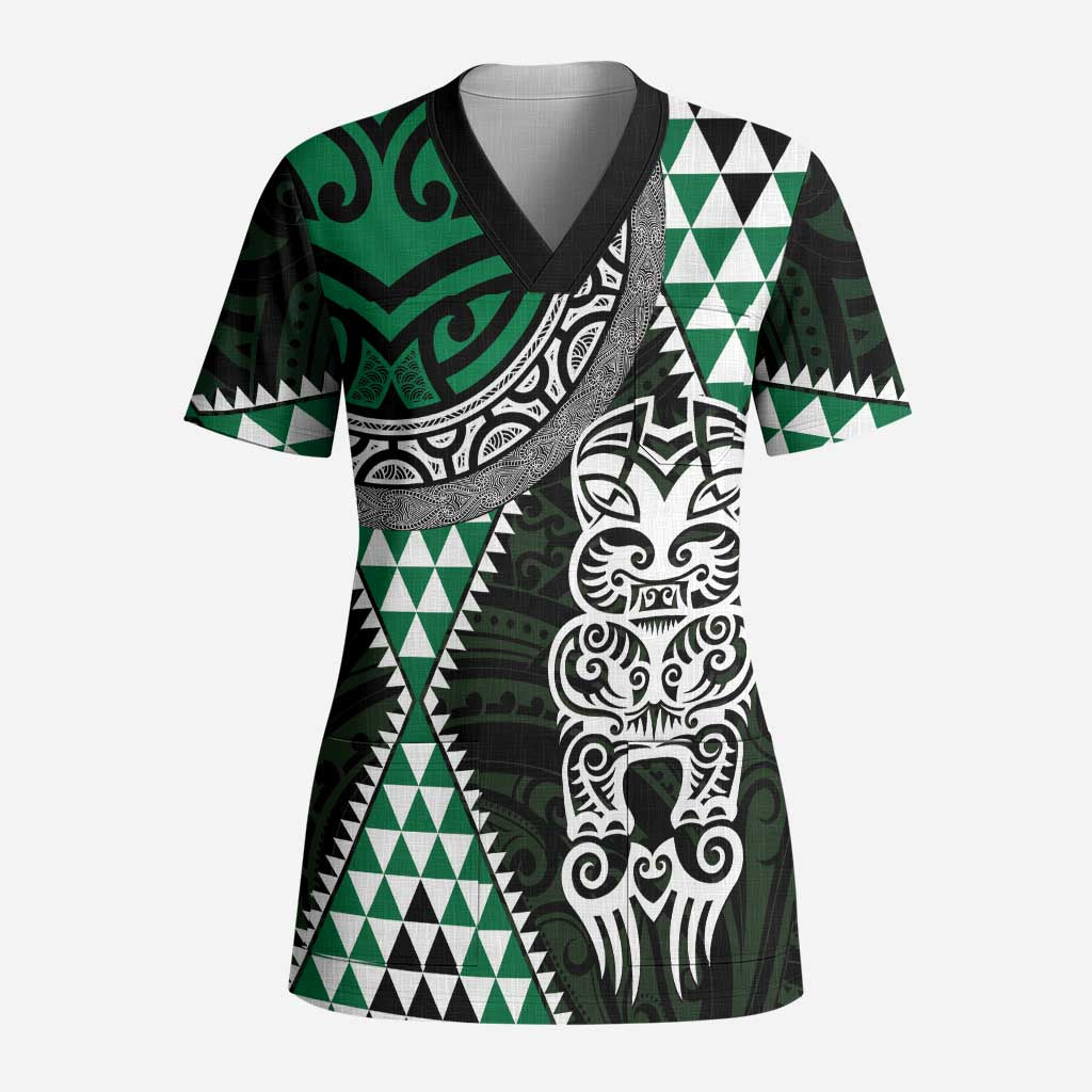 Green Aotearoa Niho Taniwha Scrub Top Maori Mythology Tooth - Taniko Motifs LT14 Adult Green - Polynesian Pride