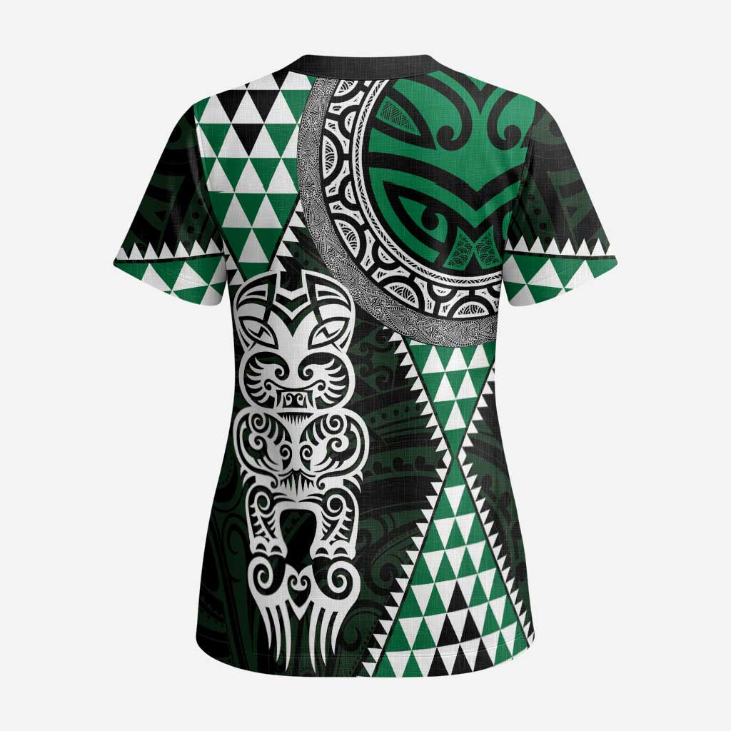 Green Aotearoa Niho Taniwha Scrub Top Maori Mythology Tooth - Taniko Motifs LT14 - Polynesian Pride