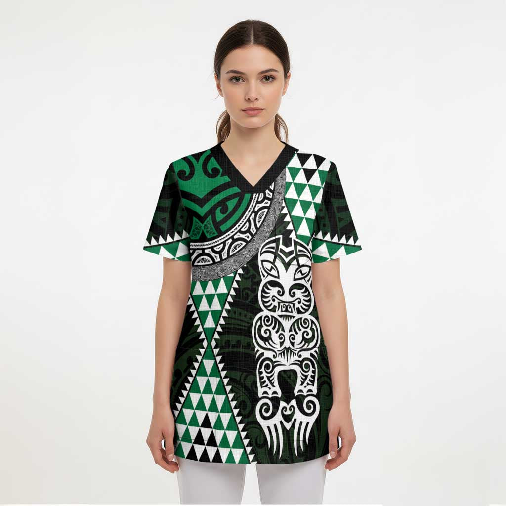 Green Aotearoa Niho Taniwha Scrub Top Maori Mythology Tooth - Taniko Motifs LT14 - Polynesian Pride