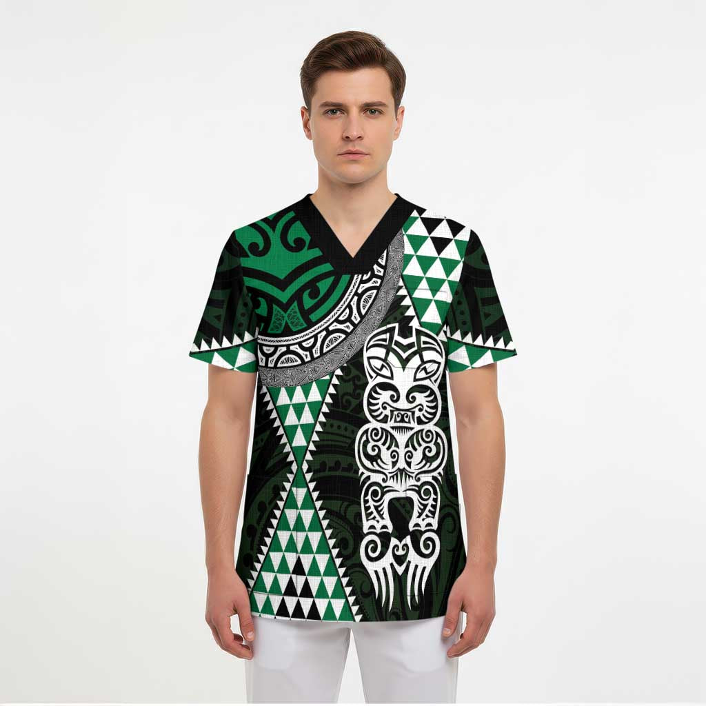 Green Aotearoa Niho Taniwha Scrub Top Maori Mythology Tooth - Taniko Motifs LT14 - Polynesian Pride