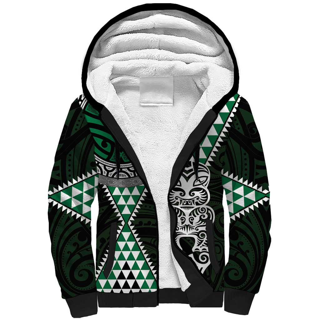 Green Aotearoa Niho Taniwha Sherpa Hoodie Maori Mythology Tooth - Taniko Motifs LT14 Unisex Green - Polynesian Pride