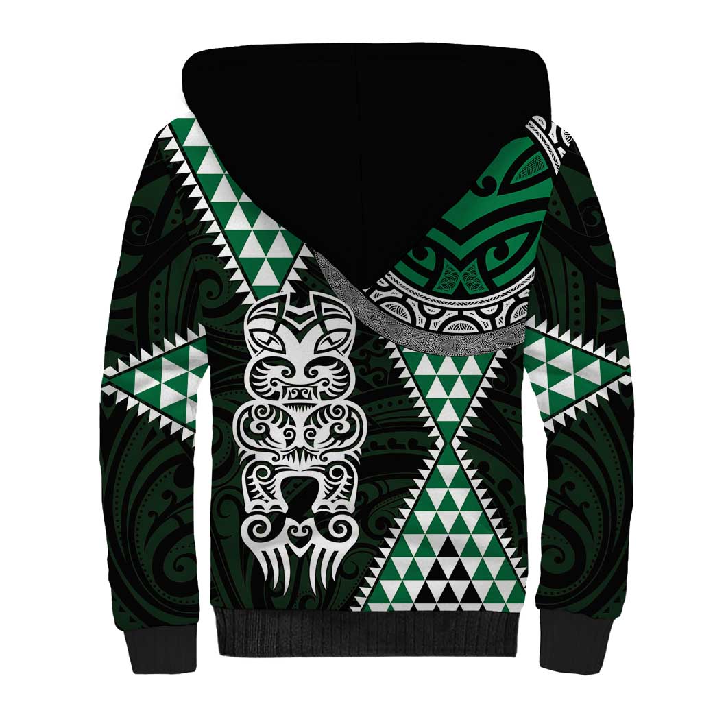 Green Aotearoa Niho Taniwha Sherpa Hoodie Maori Mythology Tooth - Taniko Motifs LT14 - Polynesian Pride