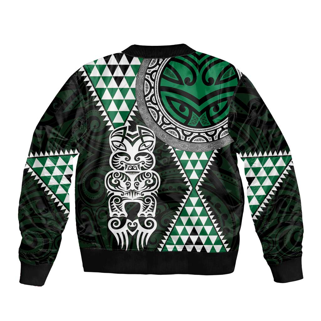 Green Aotearoa Niho Taniwha Sleeve Zip Bomber Jacket Maori Mythology Tooth - Taniko Motifs