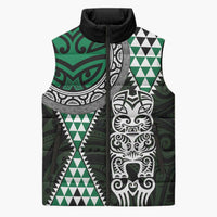 Green Aotearoa Niho Taniwha Sleeveless Puffer Jacket Maori Mythology Tooth - Taniko Motifs - Polynesian Pride