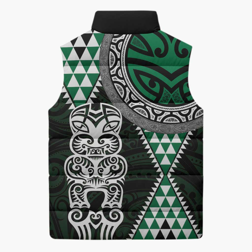 Green Aotearoa Niho Taniwha Sleeveless Puffer Jacket Maori Mythology Tooth - Taniko Motifs - Polynesian Pride