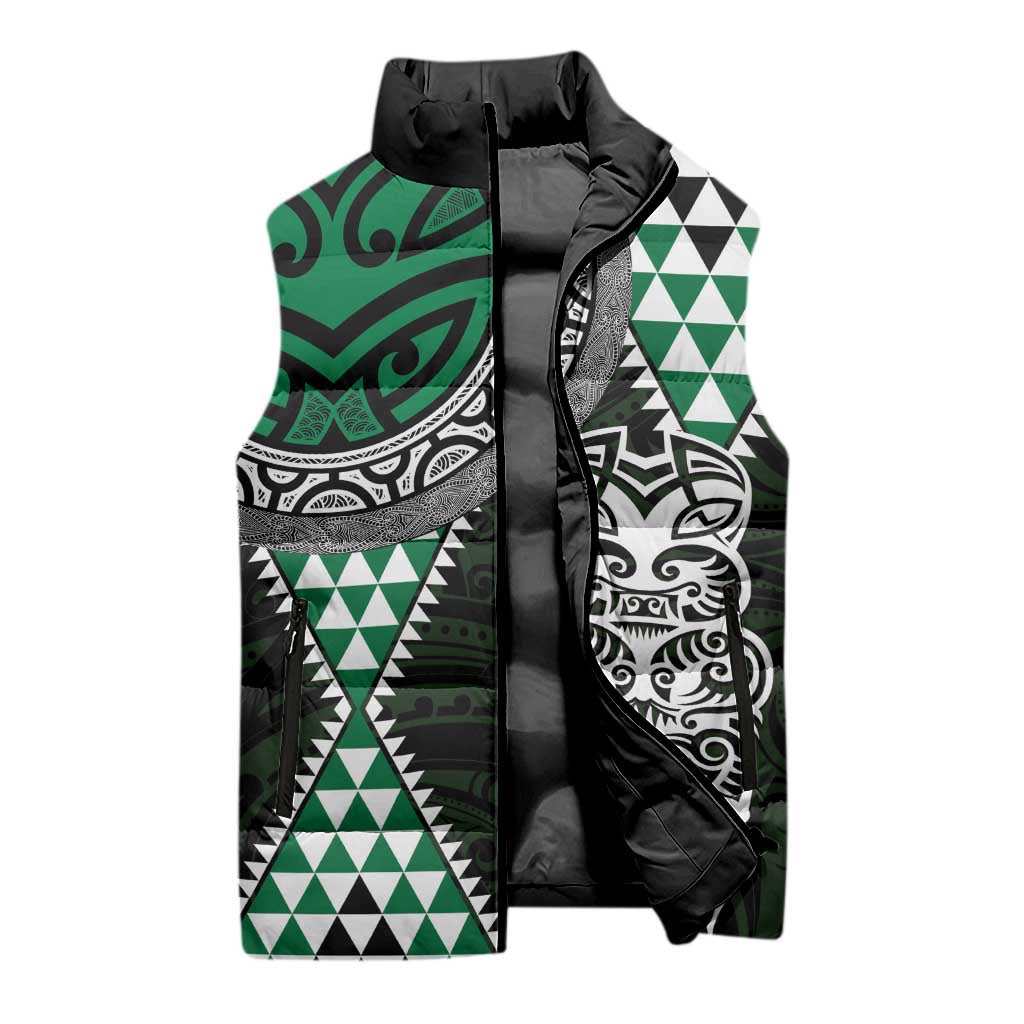 Green Aotearoa Niho Taniwha Sleeveless Puffer Jacket Maori Mythology Tooth - Taniko Motifs - Polynesian Pride