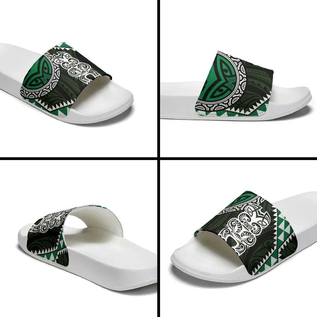 Green Aotearoa Niho Taniwha Slide Sandals Maori Mythology Tooth - Taniko Motifs - Polynesian Pride