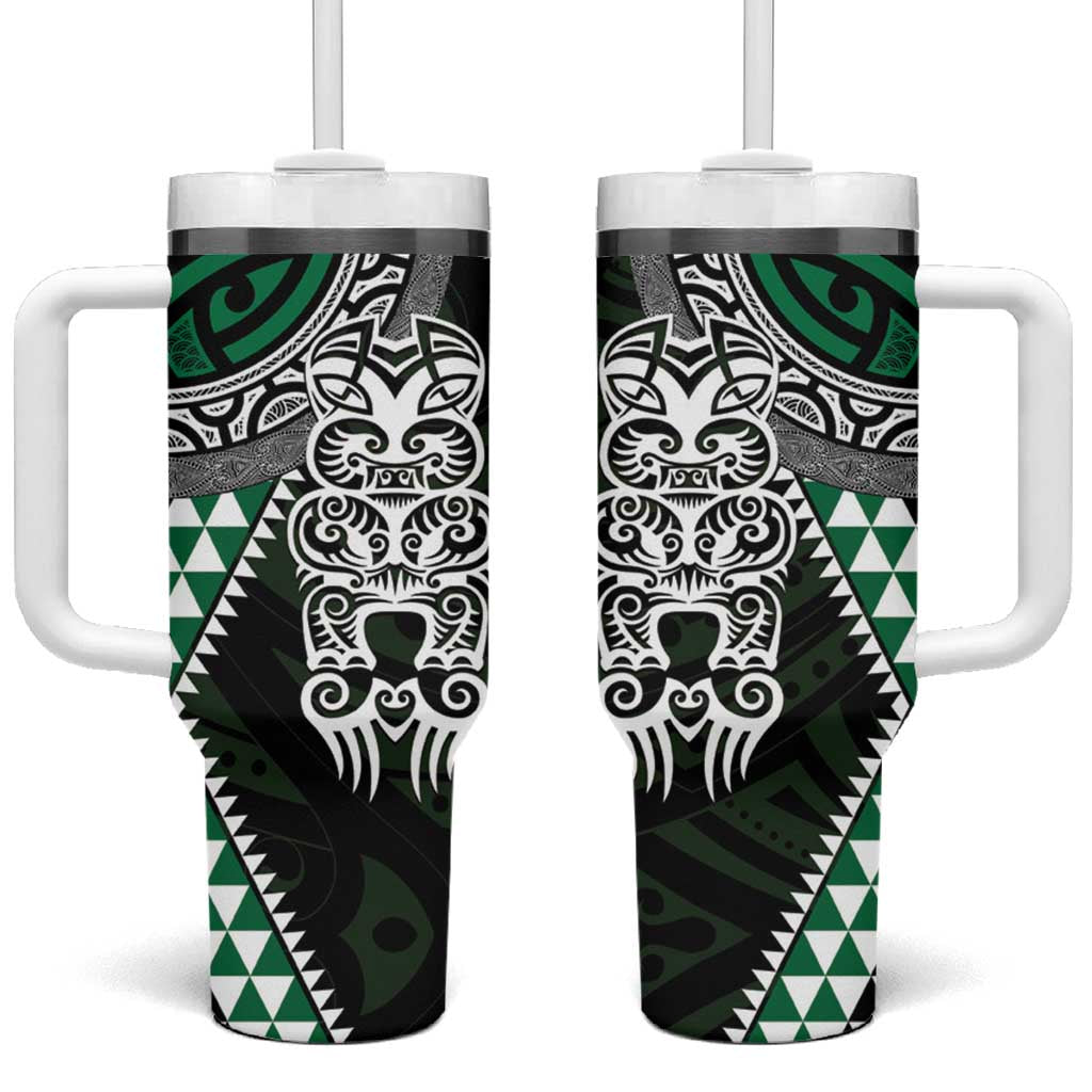Green Aotearoa Niho Taniwha Tumbler With Handle Maori Mythology Tooth - Taniko Motifs LT14 One Size: 40 oz Green - Polynesian Pride
