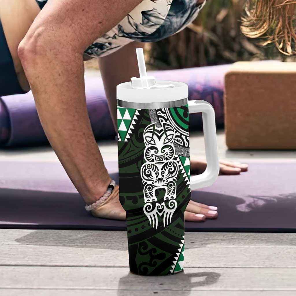 Green Aotearoa Niho Taniwha Tumbler With Handle Maori Mythology Tooth - Taniko Motifs LT14 - Polynesian Pride
