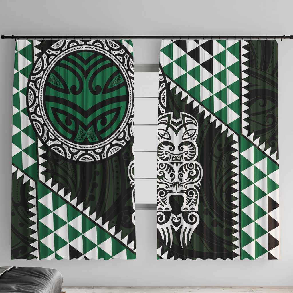 Green Aotearoa Niho Taniwha Window Curtain Maori Mythology Tooth - Taniko Motifs LT14 With Hooks Green - Polynesian Pride