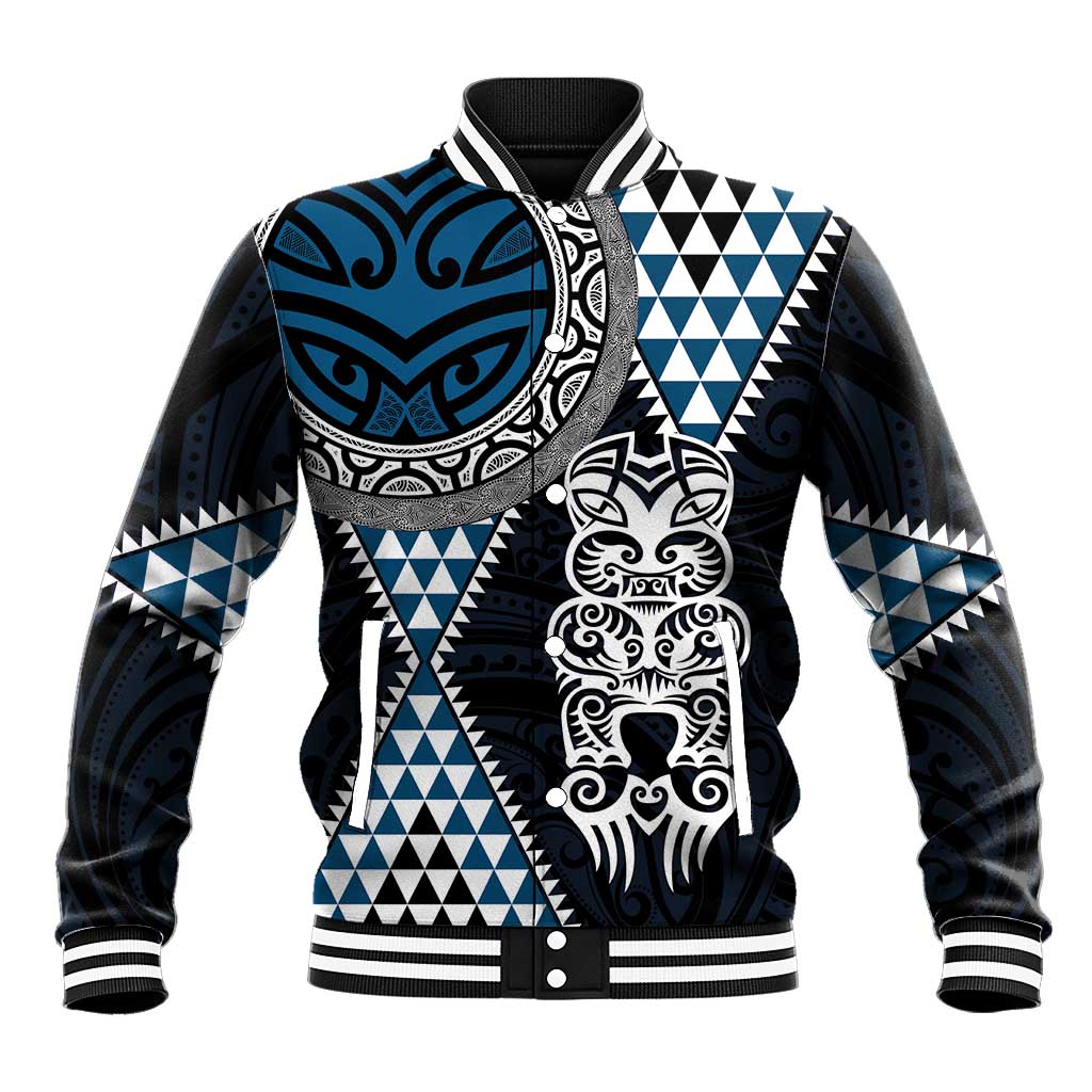 Blue Aotearoa Niho Taniwha Baseball Jacket Maori Mythology Tooth - Taniko Motifs LT14 Unisex Blue - Polynesian Pride