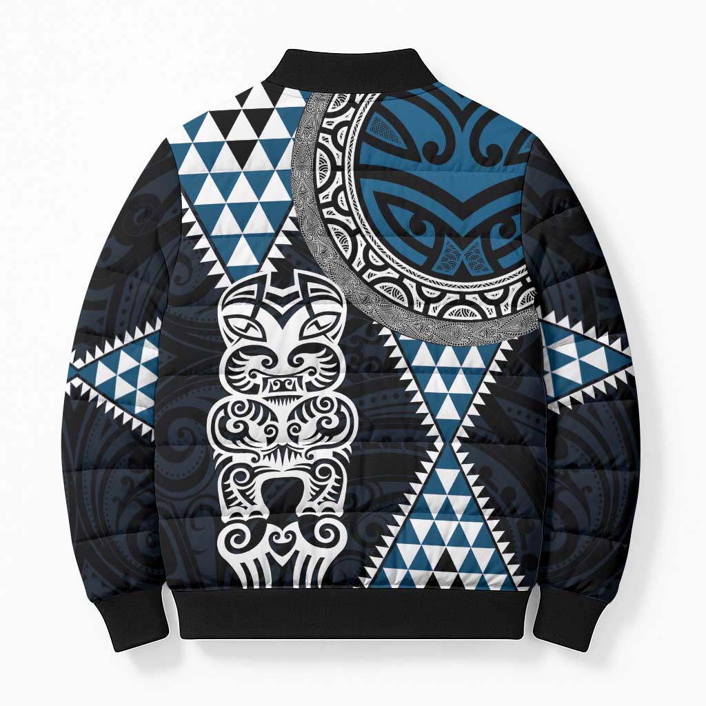 Blue Aotearoa Niho Taniwha Bomber Puffer Jacket Maori Mythology Tooth - Taniko Motifs - Polynesian Pride